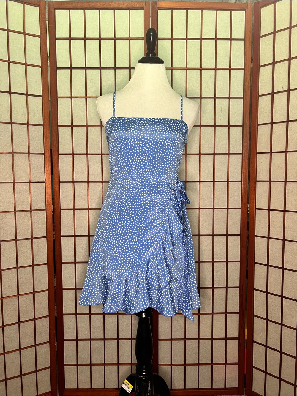 Hello Molly Blue Spotted Tie-Waist Mini Dress